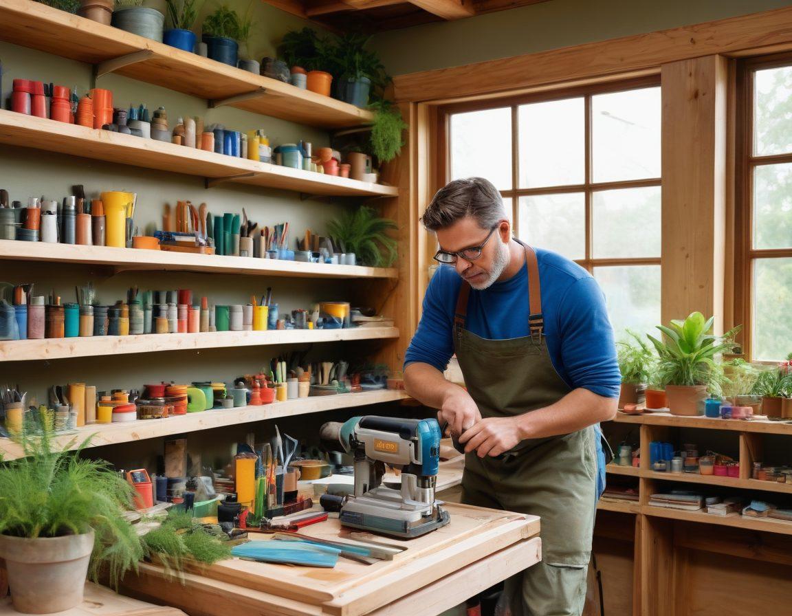 A well-organized workshop filled with colorful tools and DIY equipment, highlighting a person closely examining a power tool while working on a wooden project. Shelves with paint, brushes, and materials in the background, vibrant plants peeking through a window for a lively feel. Natural light illuminating the scene, inviting a sense of creativity and craftsmanship. super-realistic. vibrant colors. warm atmosphere.