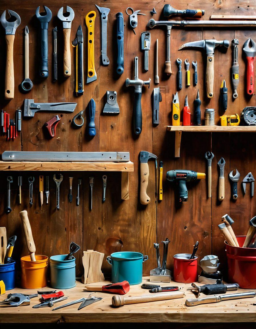 A vibrant collage showcasing various home renovation tools, from classic hand tools like hammers and saws to modern electric gadgets such as drills and nail guns. The tools are artistically arranged on a wooden workbench, with soft sunlight illuminating them. In the background, a partially renovated room adds context, featuring paint cans and drop cloths. The composition should evoke a sense of craftsmanship and innovation. super-realistic. vibrant colors. 3D.