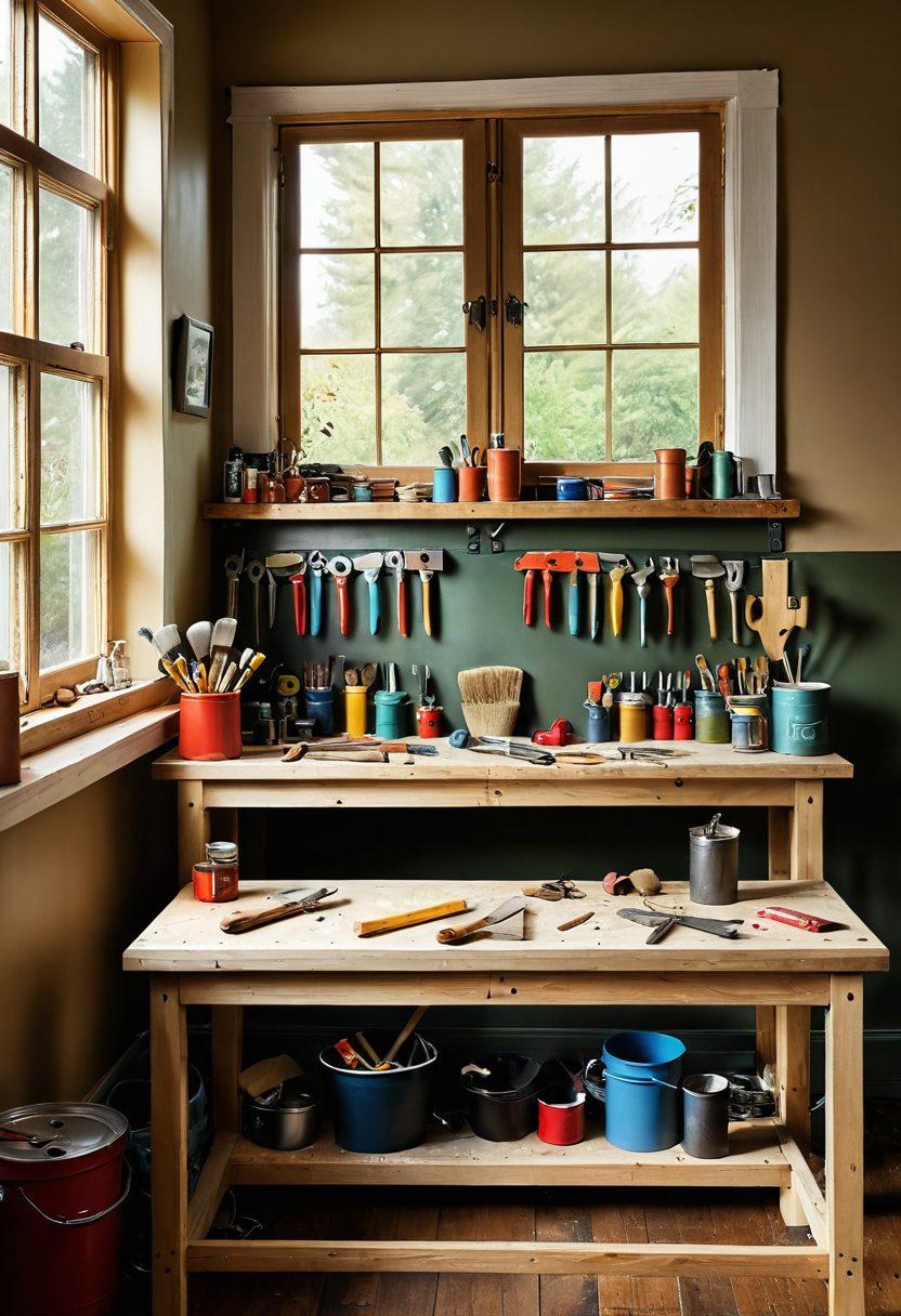 A dynamic workshop scene showcasing a variety of essential DIY tools like hammers, wrenches, and paintbrushes artistically arranged on a wooden workbench. In the background, a partially renovated room hints at a home makeover, with paint cans and scaffolding. Natural light floods in through a window, casting warm tones across the scene, inviting a sense of creativity and inspiration. super-realistic. vibrant colors. warm lighting.